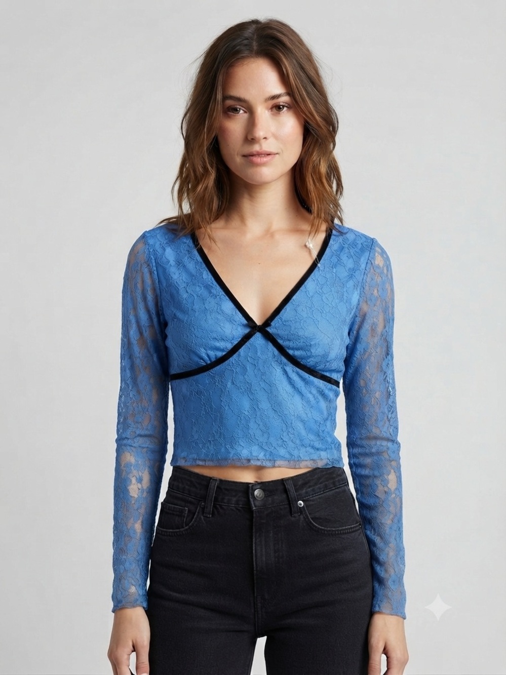 Moa Moa Blue Lace V-Neck Long-Sleeve Crop Top with Black Trim